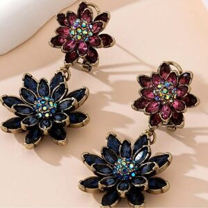 🌺 Heidi Daus Stunning Double Floral Earrings with Ruby and Blue Crystals 🌺